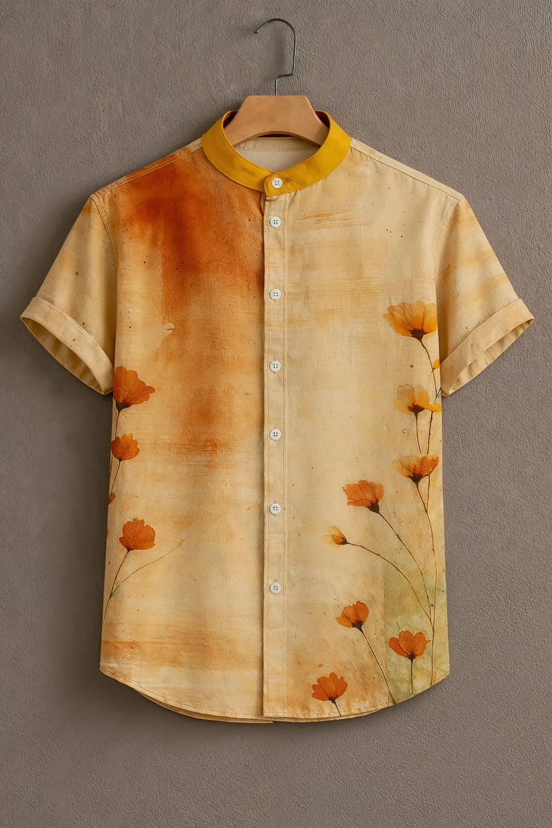 Mandarin Color Close Premium Beige Orange Floral Print Mandarin Collar Shirt – Lili Pili